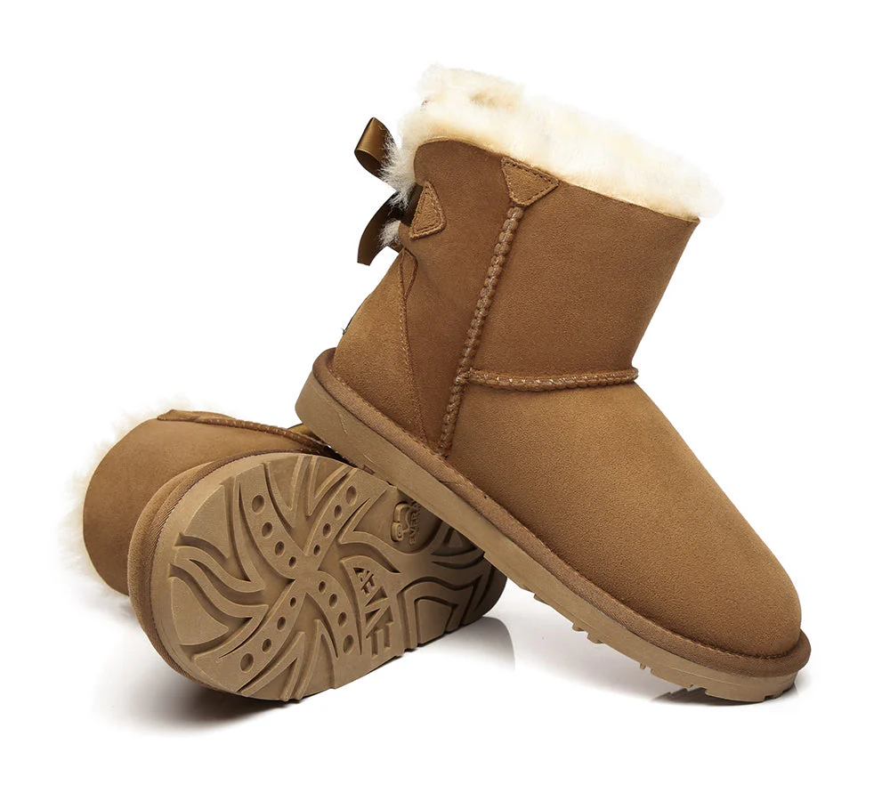 EVERAU? UGG Boots Women Sheepskin Wool Mini Single Back Bow