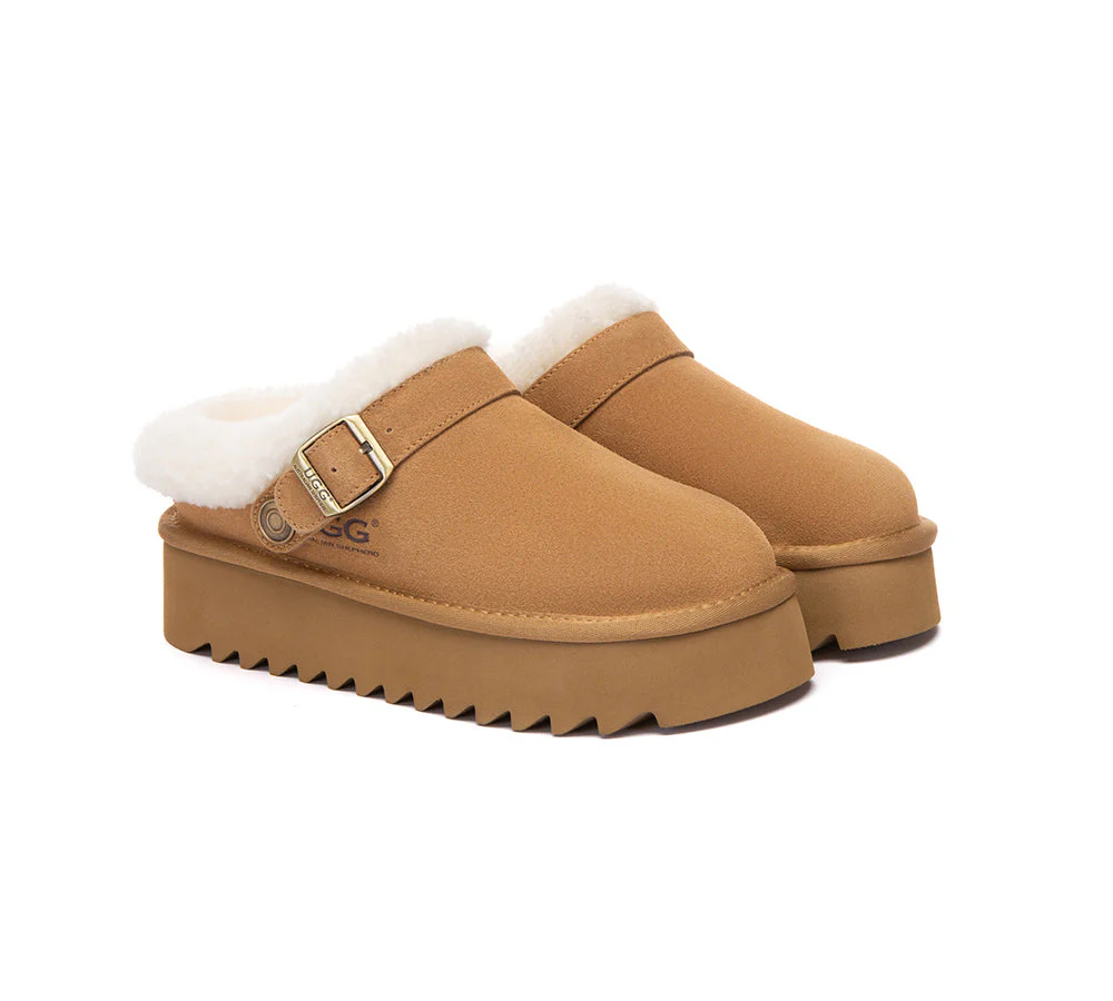 AUSTRALIAN SHEPHERD? UGG Slippers Sheepskin Wool Adjustable Strap Platform Pulsey