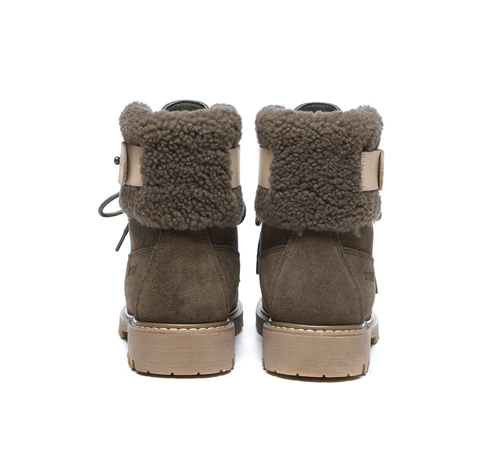 EVERAU? Women Sheepskin Wool Lace Up Fashion Boots Martin