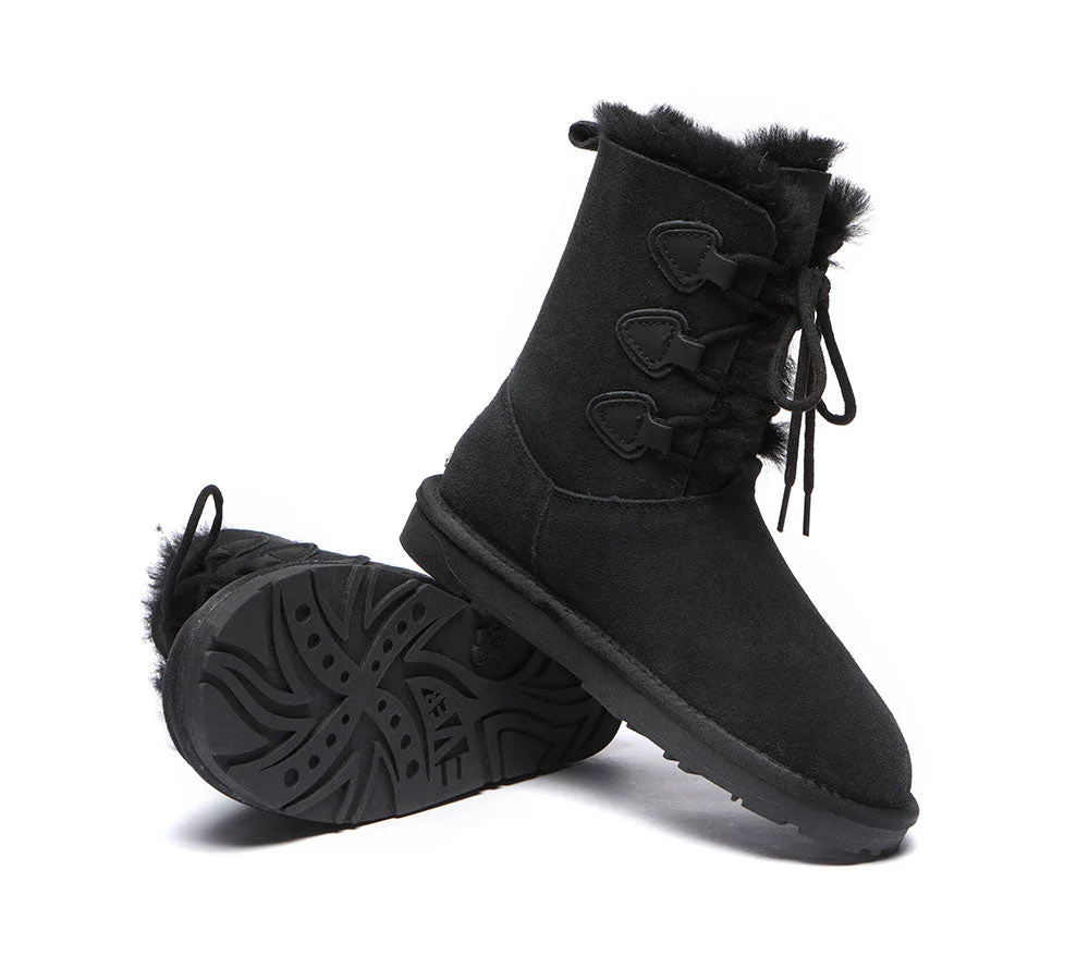 EVERAU? UGG Boots Women Sheepskin Wool Lace Up Tall Stark