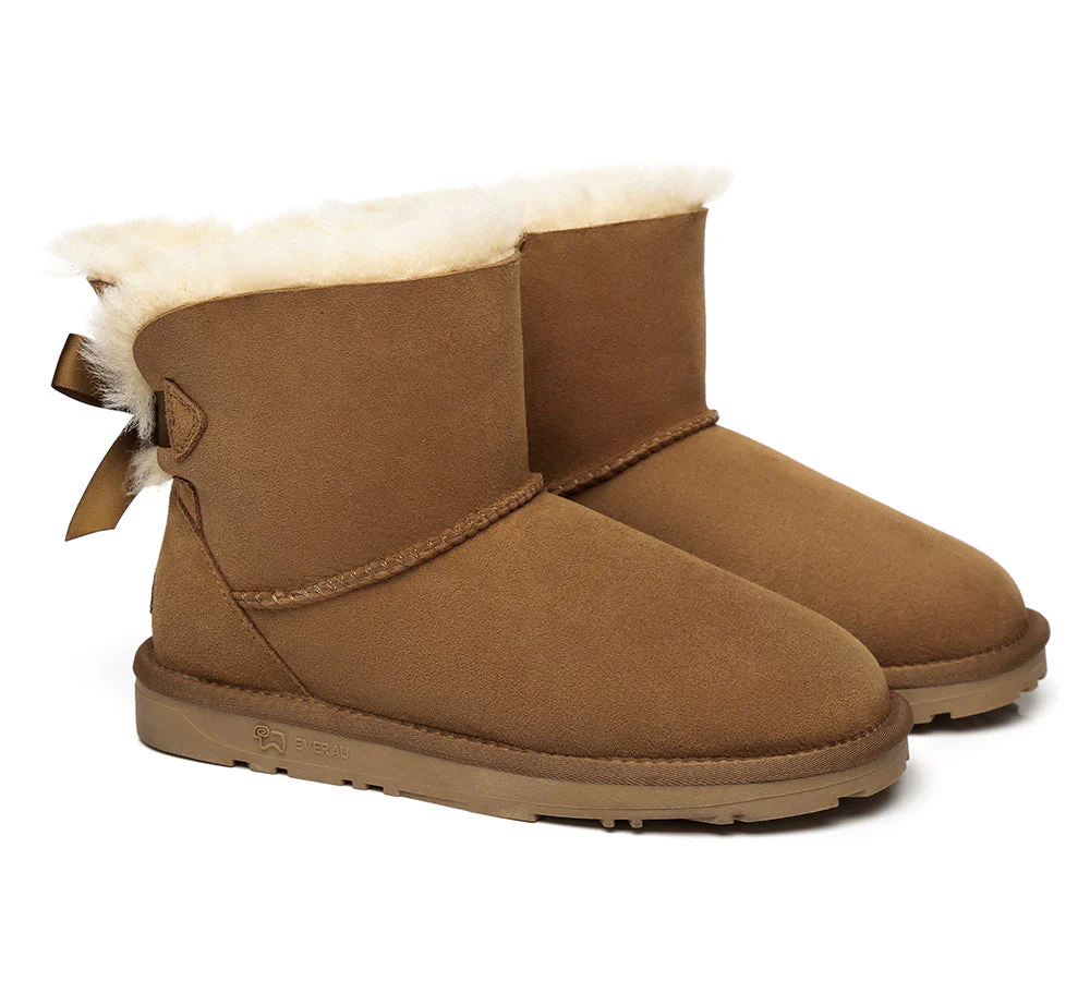EVERAU? UGG Boots Women Sheepskin Wool Mini Single Back Bow