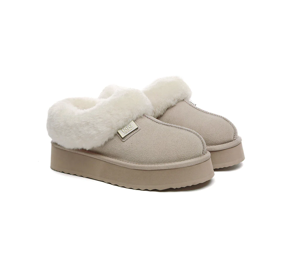 UGG EVERAU? UGG Slippers Women Sheepskin Wool Collar Ankle Platform Gabri