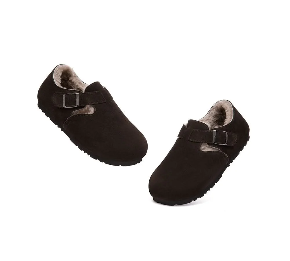 EVERAU? UGG Slippers Sheepskin Wool Adjustable Strap Clog Hazora