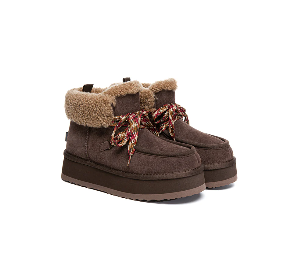UGG EVERAU? UGG Boots Women Sheepskin Wool Lace Up Ankle Platform Honour