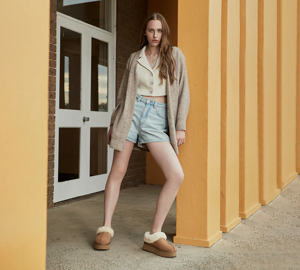 UGG EVERAU? UGG Slippers Women Sheepskin Wool Collar Ankle Platform Gabri