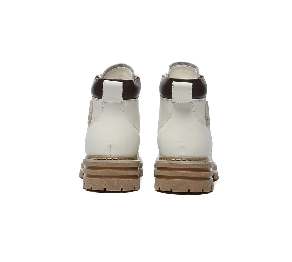 EVERAU? UGG Boots Women Leather Sheepskin Wool Lace Up Chunky Aubrey