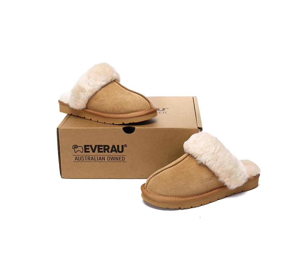 EVERAU? UGG Slippers Sheepskin Wool Suede Scuff Muffin