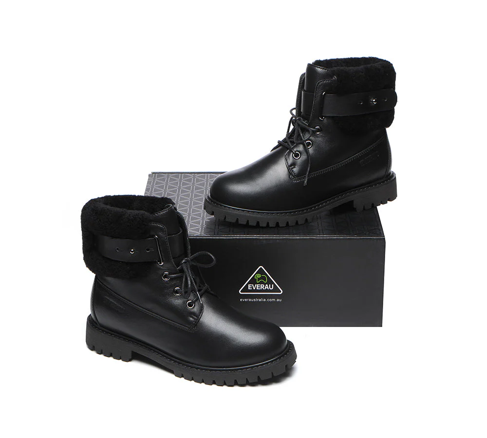 EVERAU? Women Sheepskin Wool Lace Up Fashion Boots Martin