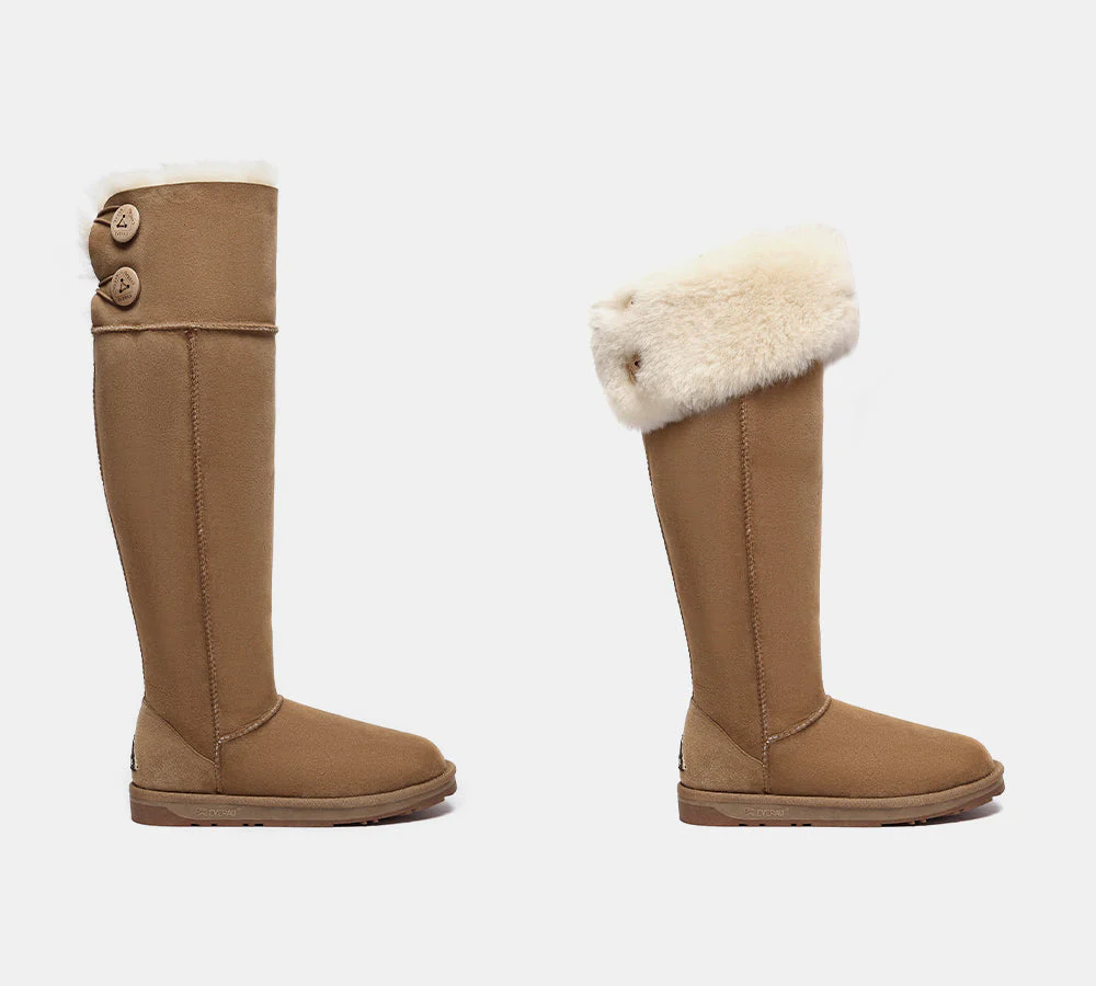 EVERAU? UGG Boots Women Double Faced Sheepskin Wool Tall Button Over-Knee Jenner