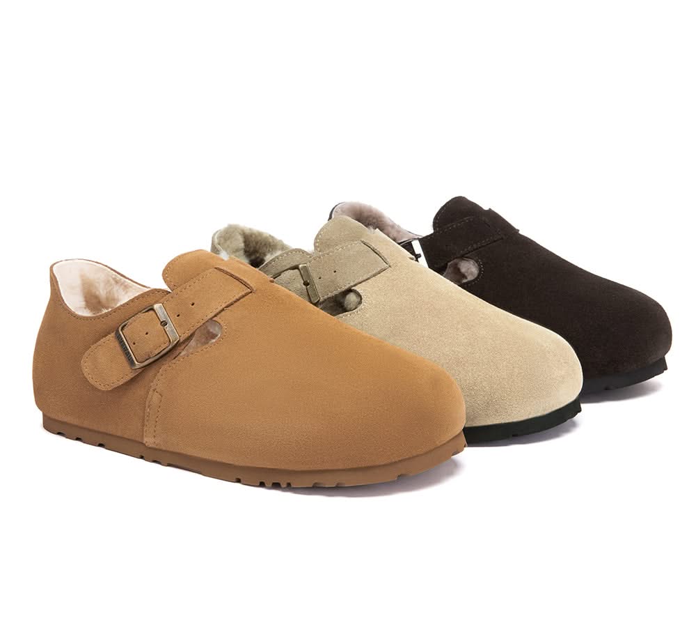 EVERAU? UGG Slippers Sheepskin Wool Adjustable Strap Clog Hazora