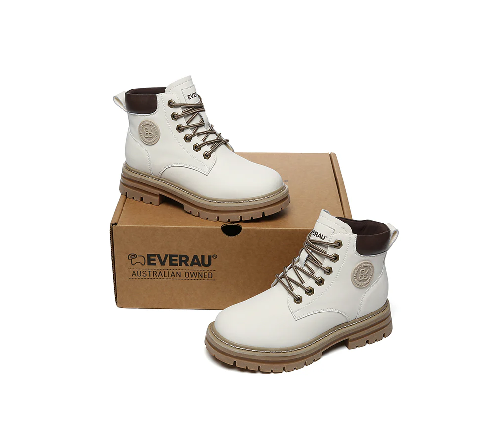 EVERAU? UGG Boots Women Leather Sheepskin Wool Lace Up Chunky Aubrey
