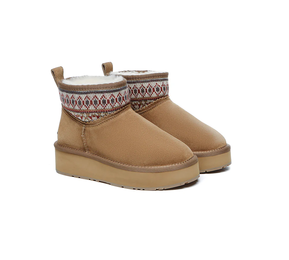 EVERAU? UGG Boots Sheepskin Wool Woven Ankle Platform Grantlee