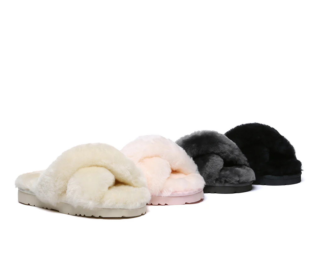 EVERAU? UGG Women Crossover Fluffy Slides Leanna