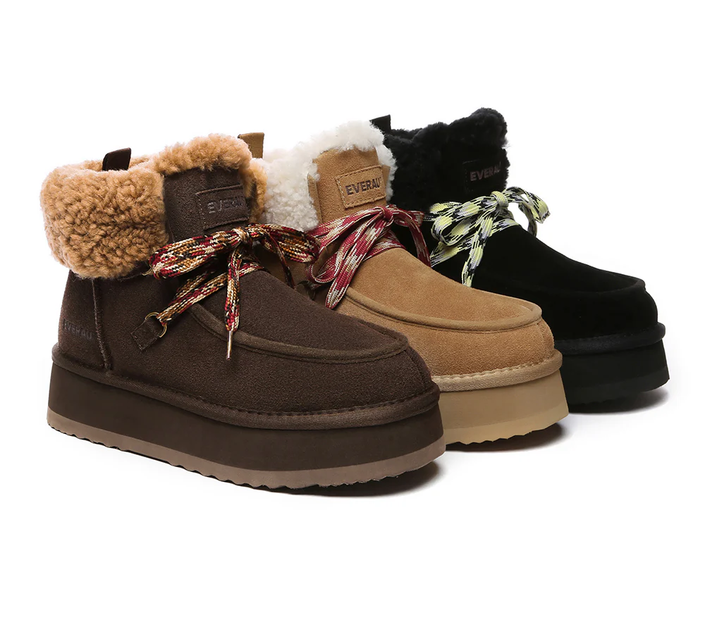 EVERAU? UGG Boots Women Sheepskin Wool Lace Up Ankle Platform Honour
