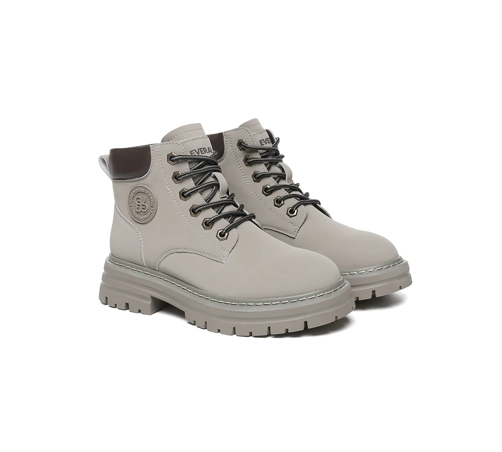 EVERAU? Women Leather Lace Up Chunky Boots Stephanie