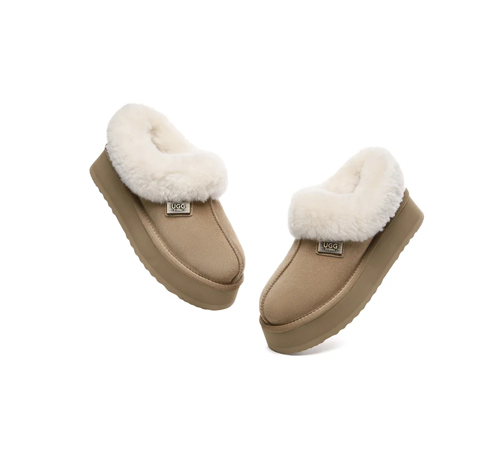 UGG EVERAU? UGG Slippers Women Sheepskin Wool Collar Ankle Platform Gabri