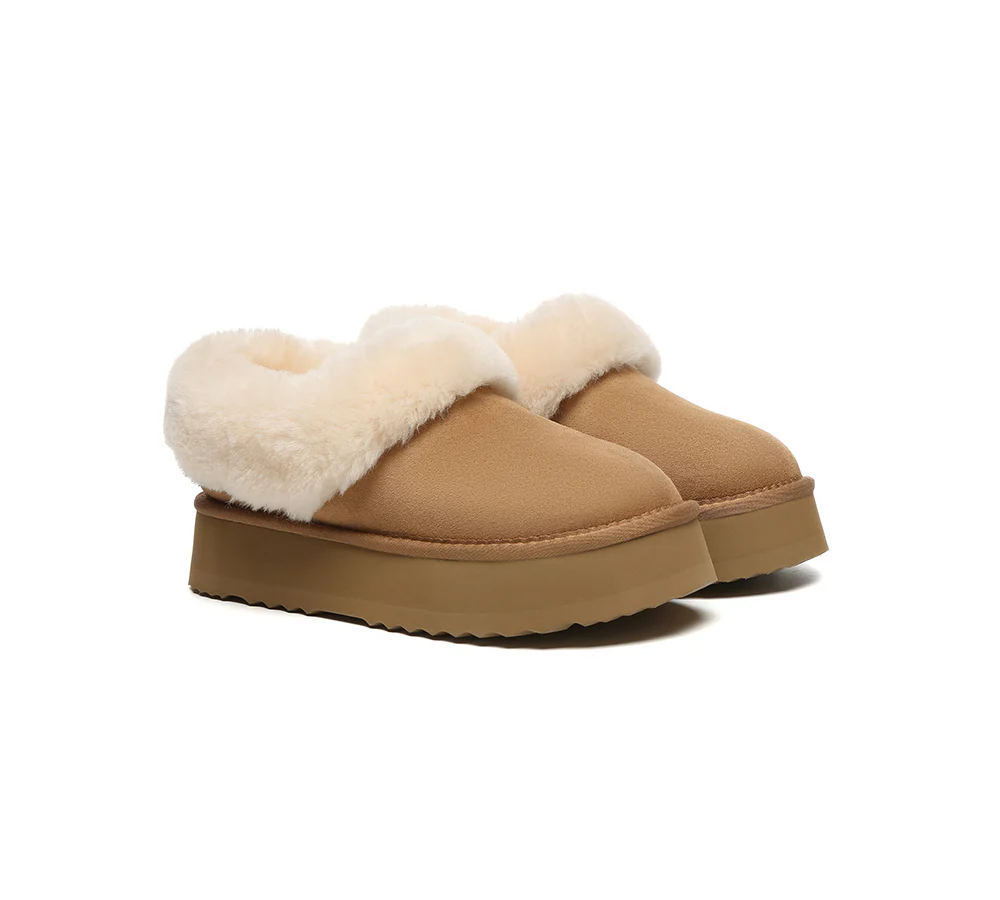 AUSTRALIAN SHEPHERD? UGG Slippers Women Sheepskin Wool Collar Ankle Platform Clarrie