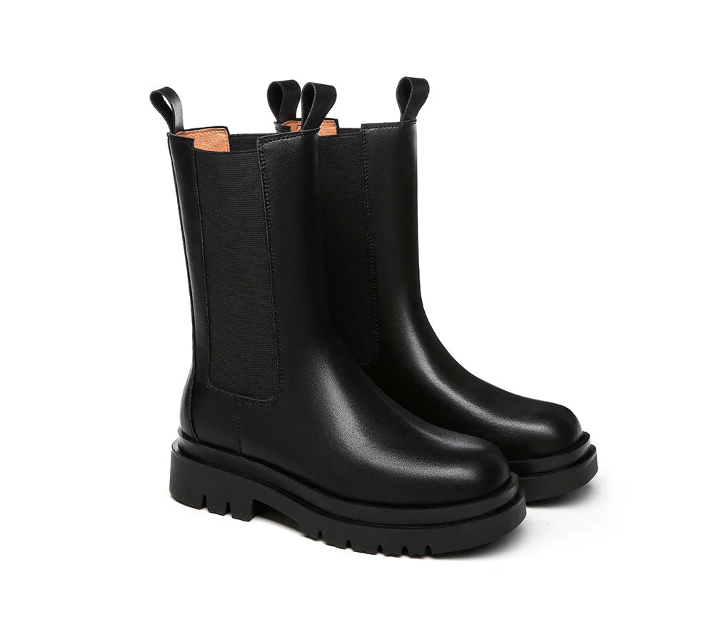 TARRAMARRA? Women Leather Block Heel Black Chunky Boots Sherry