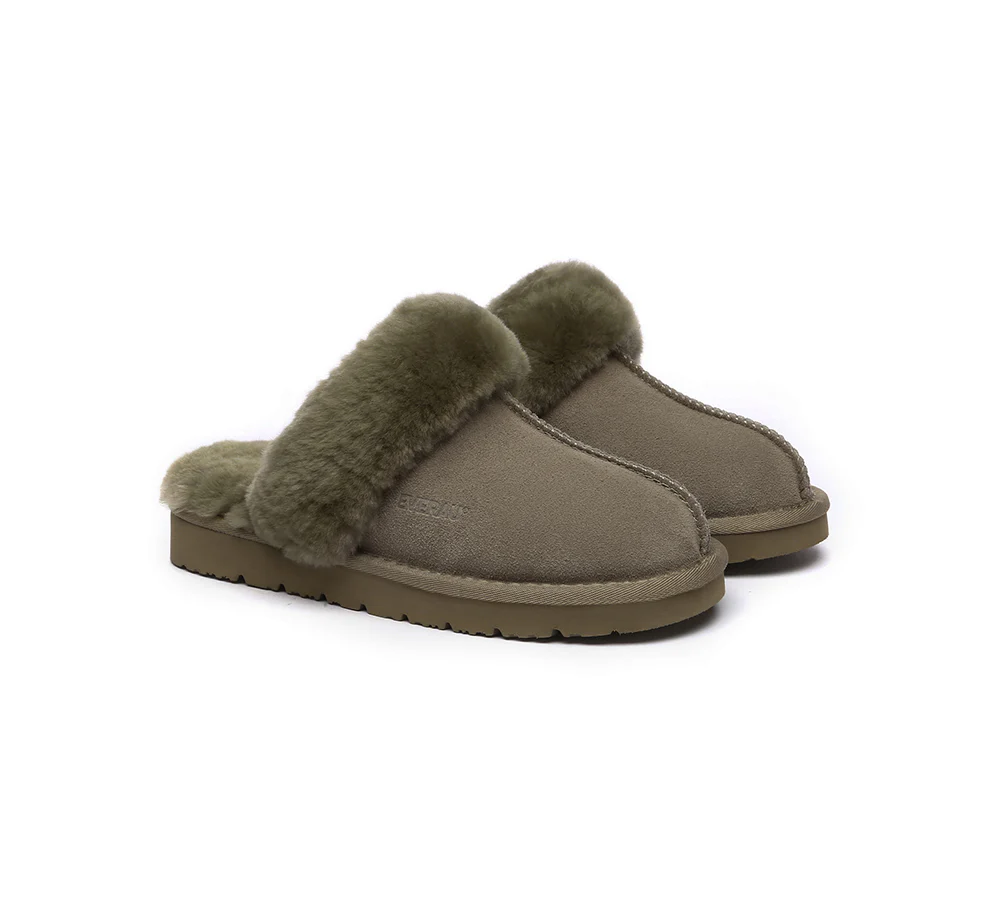 EVERAU? UGG Slippers Sheepskin Wool Suede Scuff Muffin