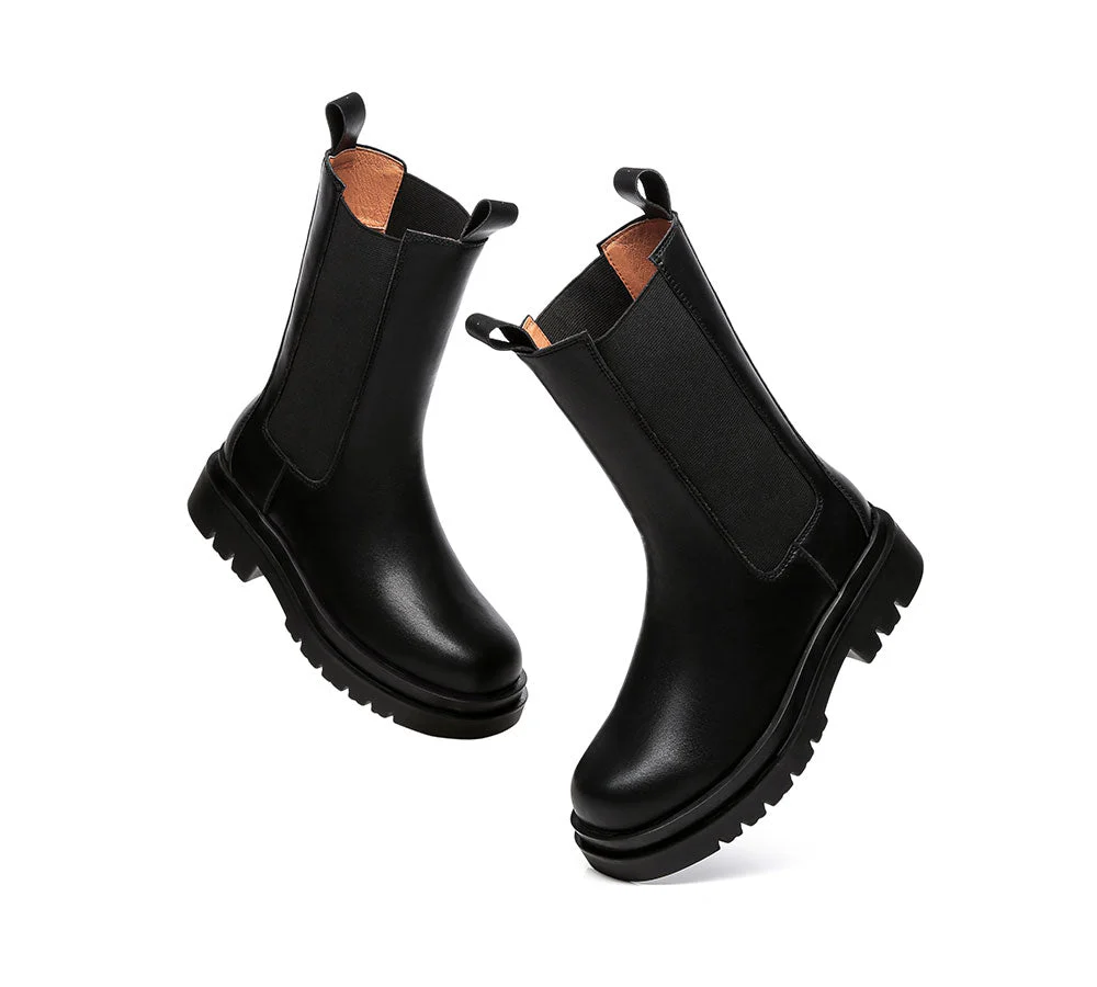 TARRAMARRA? Women Leather Block Heel Black Chunky Boots Sherry