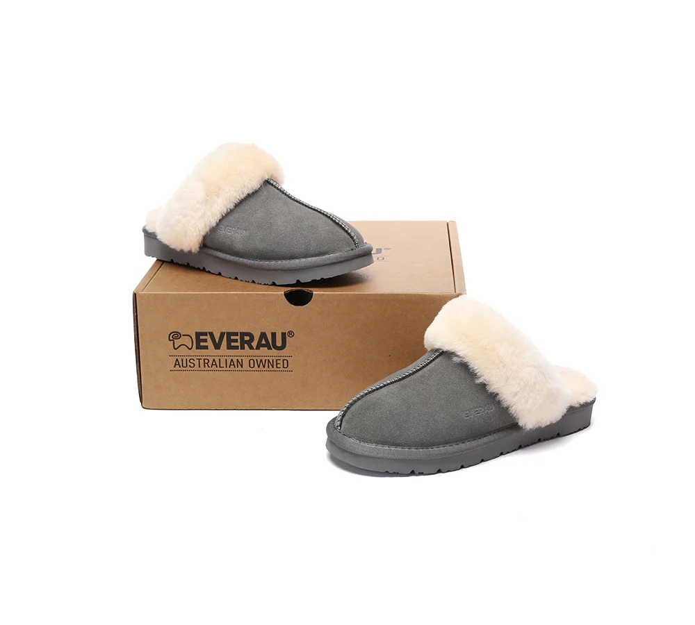 EVERAU? UGG Slippers Sheepskin Wool Suede Scuff Muffin