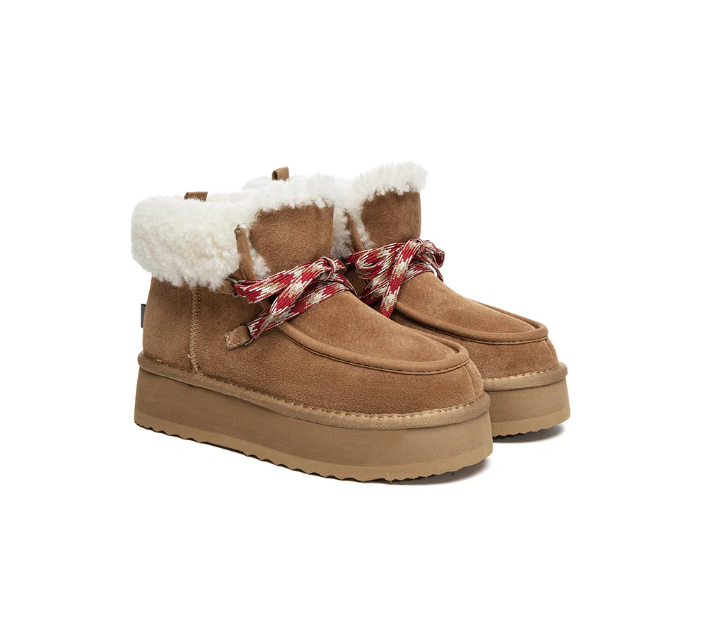 UGG EVERAU? UGG Boots Women Sheepskin Wool Lace Up Ankle Platform Honour