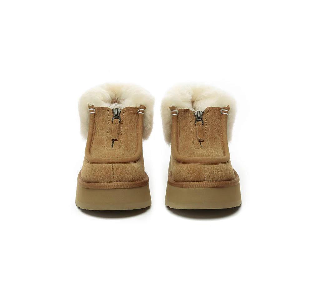 AUSTRALIAN SHEPHERD? UGG Boots Sheepskin Wool Collar Zipper Platform Ankle Boots