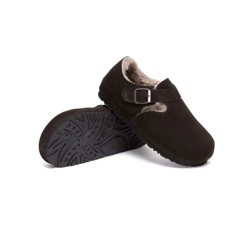 EVERAU? UGG Slippers Sheepskin Wool Adjustable Strap Clog Hazora