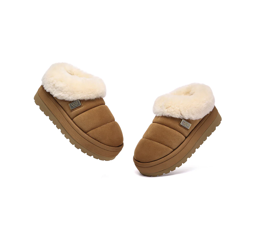 UGG EVERAU? UGG Slippers Women Sheepskin Wool Collar Ankle Platform Ulrika