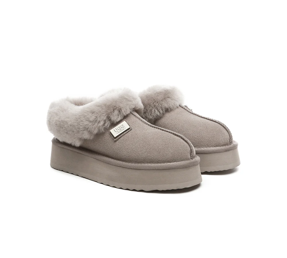 UGG EVERAU? UGG Slippers Women Sheepskin Wool Collar Ankle Platform Gabri