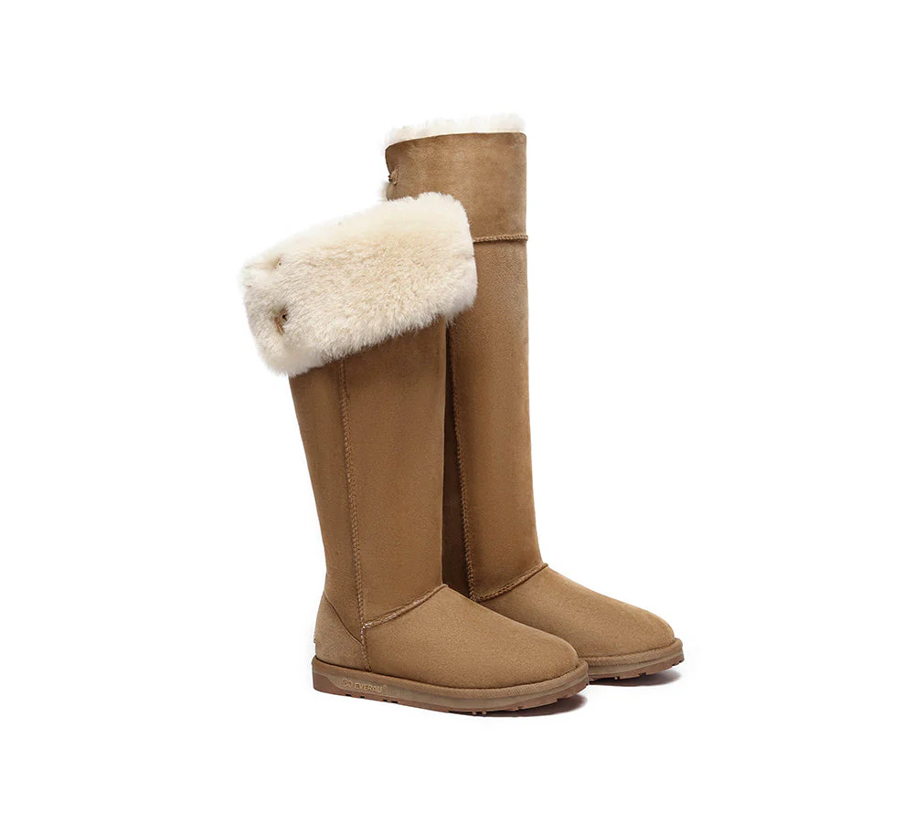 EVERAU? UGG Boots Women Double Faced Sheepskin Wool Tall Button Over-Knee Jenner