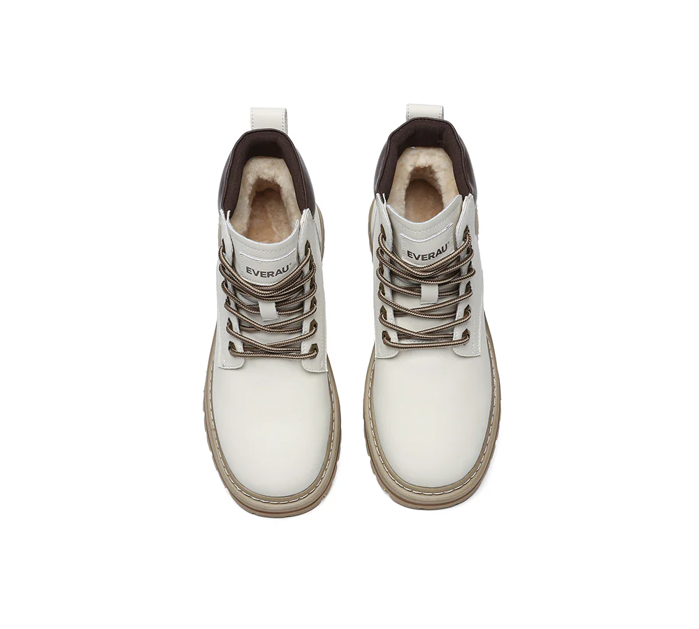 EVERAU? UGG Boots Women Leather Sheepskin Wool Lace Up Chunky Aubrey