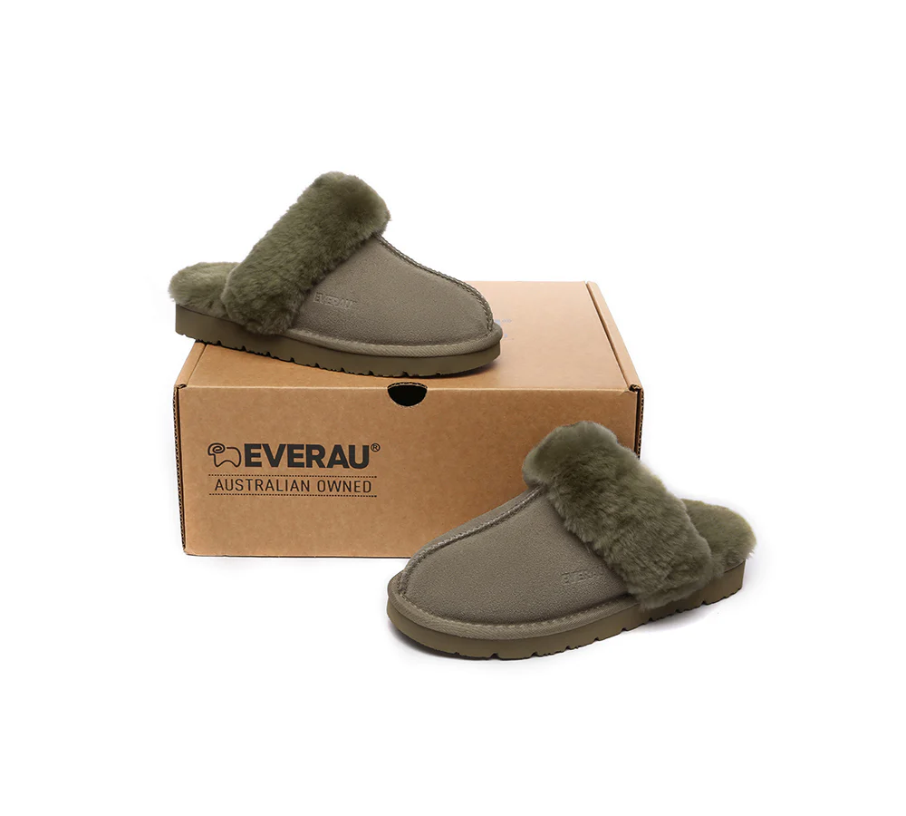 EVERAU? UGG Slippers Sheepskin Wool Suede Scuff Muffin