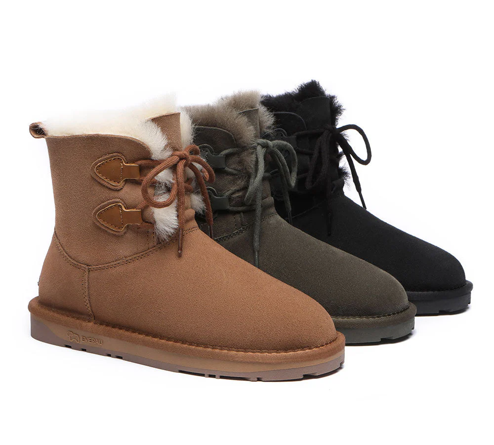 EVERAU? UGG Boots Women Sheepskin Wool Lace Up Short Stark