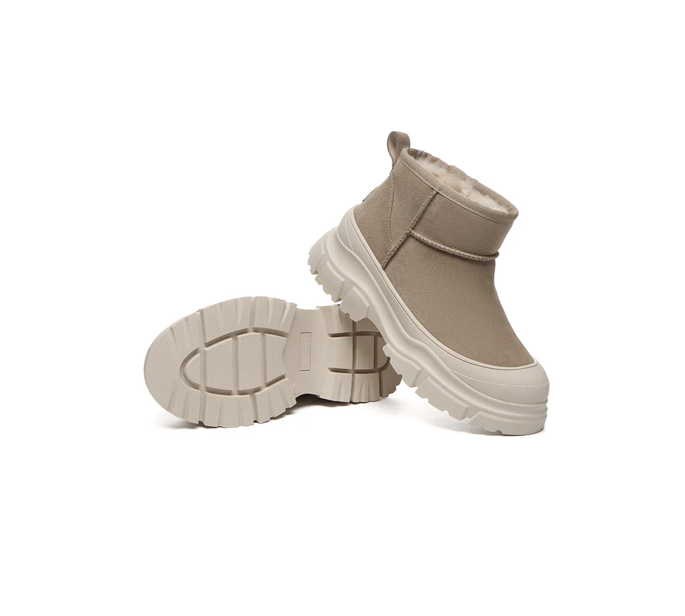 EVERAU? UGG Boots Sheepskin Wool Ankle Chunky Platform Mouni