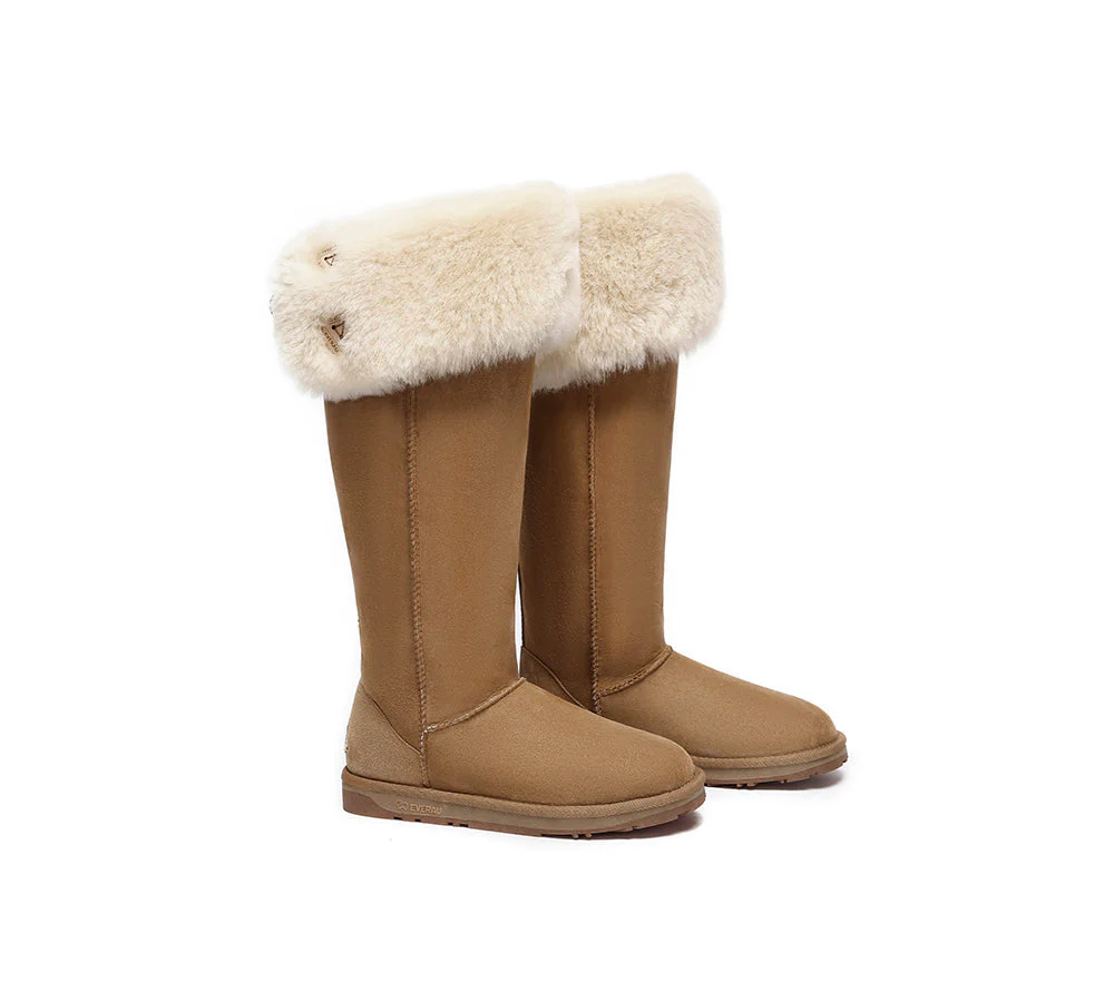 EVERAU? UGG Boots Women Double Faced Sheepskin Wool Tall Button Over-Knee Jenner