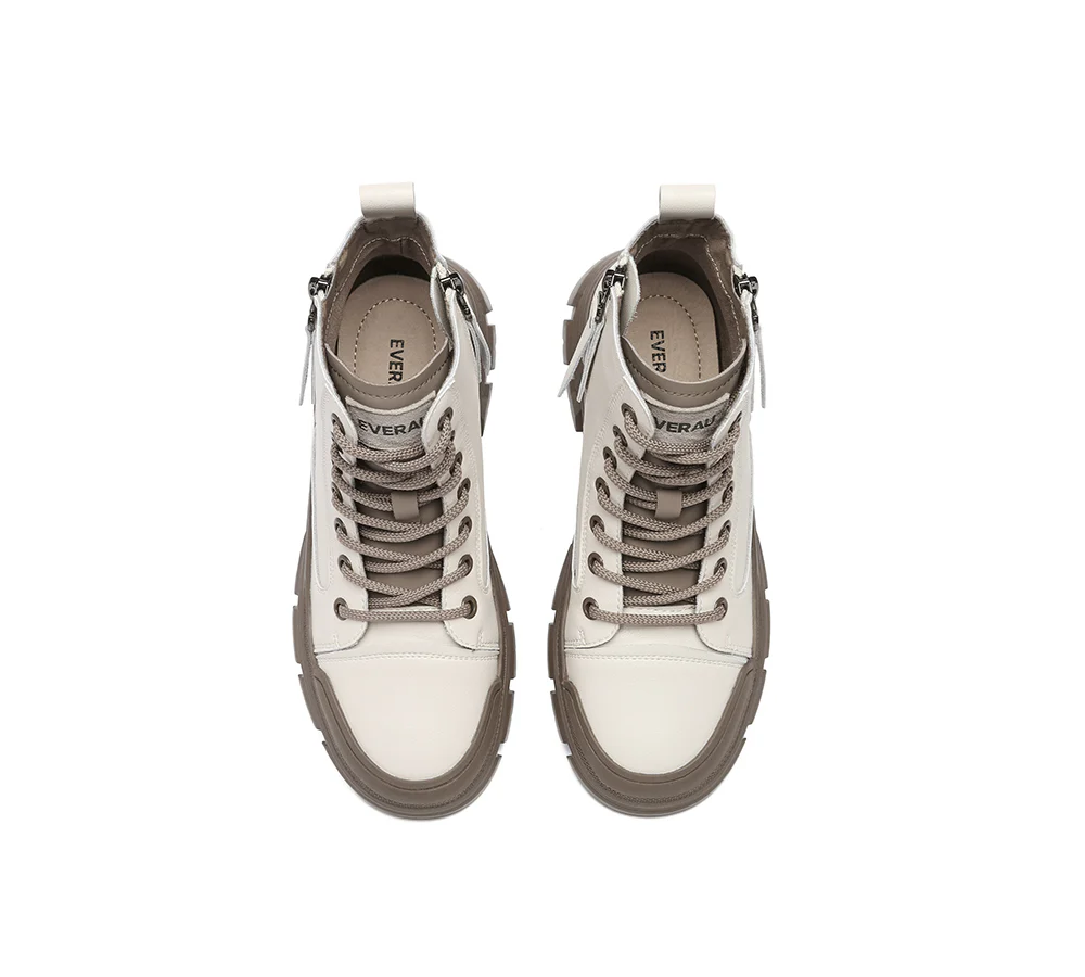 EVERAU? Women Leather Lace Up Zipper Chunky Boots Lorrin