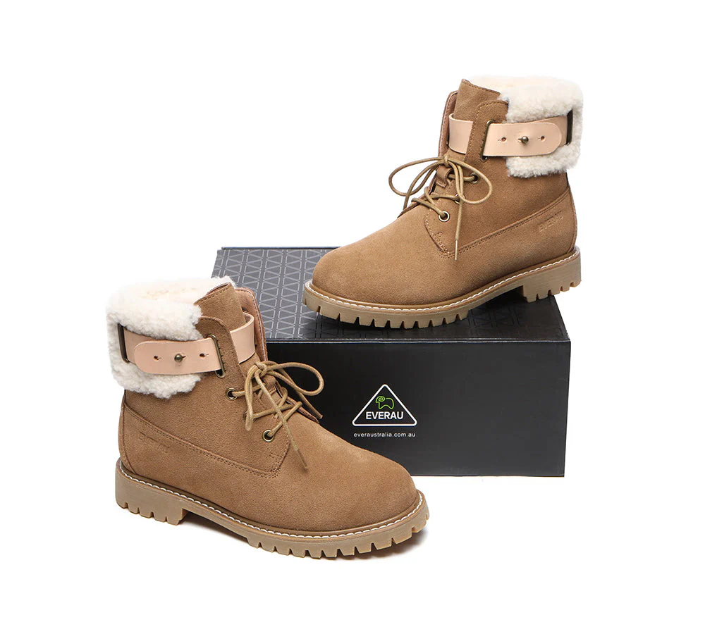 EVERAU? Women Sheepskin Wool Lace Up Fashion Boots Martin