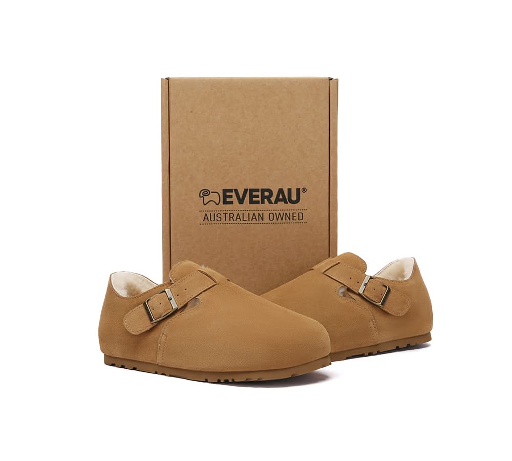 EVERAU? UGG Slippers Sheepskin Wool Adjustable Strap Clog Hazora