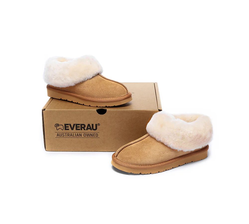 EVERAU? UGG Slippers Sheepskin Wool Suede Ankle Homey