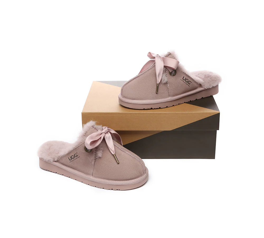 AUSTRALIAN SHEPHERD? UGG Slippers Women Sheepskin Wool Adjustable Ribbon Bow Ruby