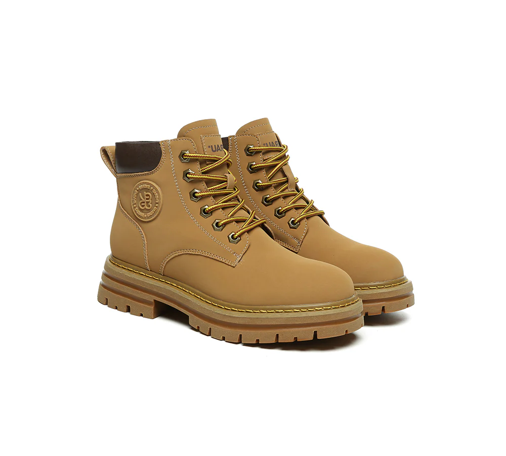 EVERAU? UGG Boots Women Leather Sheepskin Wool Lace Up Chunky Aubrey