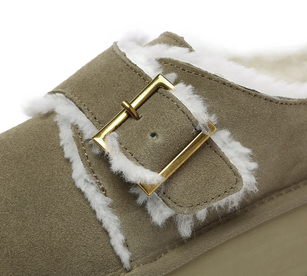 EVERAU? UGG Slippers Sheepskin Wool Adjustable Buckle Ankle Platform Tobias