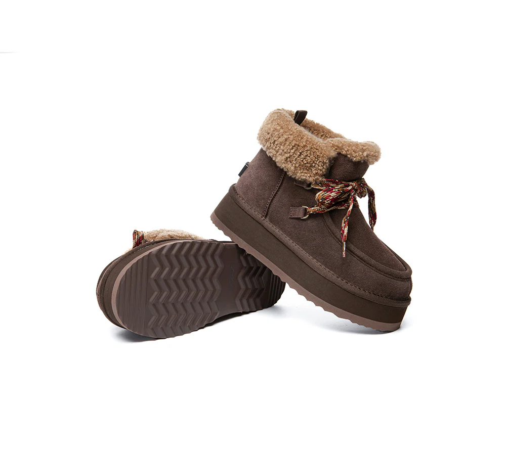 UGG EVERAU? UGG Boots Women Sheepskin Wool Lace Up Ankle Platform Honour