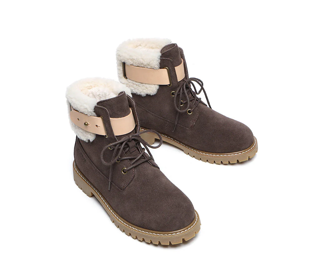 EVERAU? Women Sheepskin Wool Lace Up Fashion Boots Martin