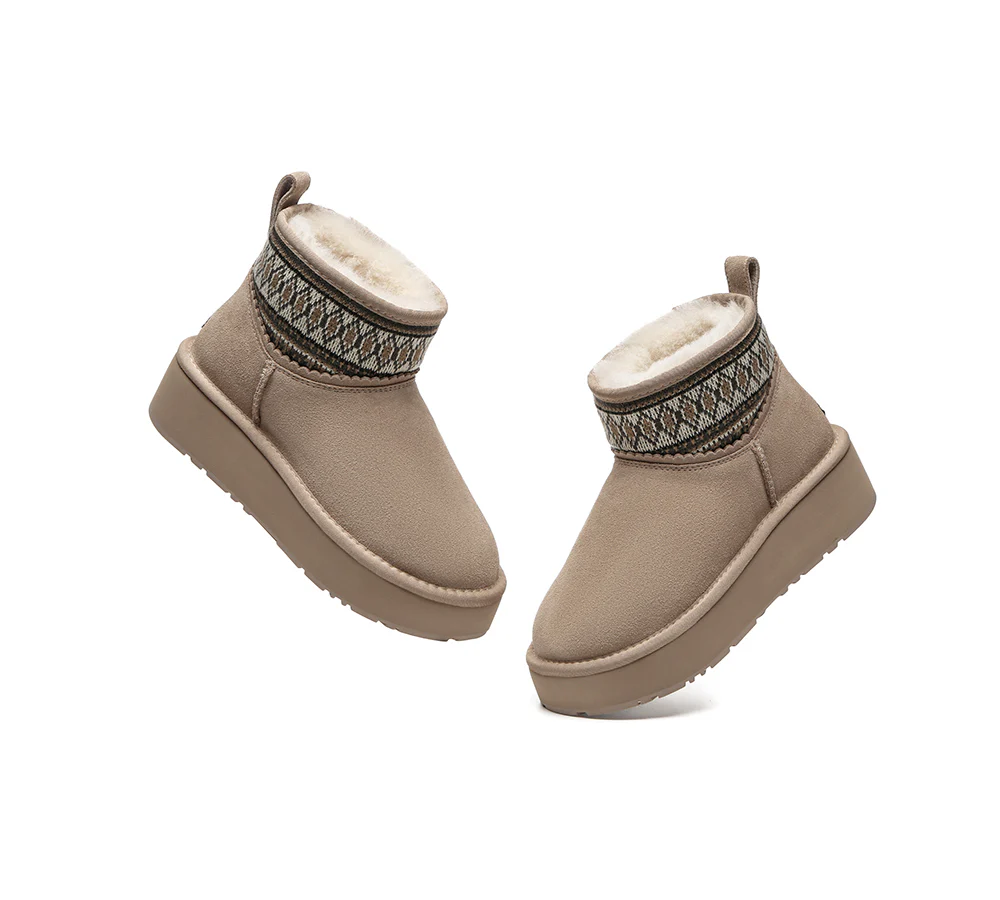 EVERAU? UGG Boots Sheepskin Wool Woven Ankle Platform Grantlee