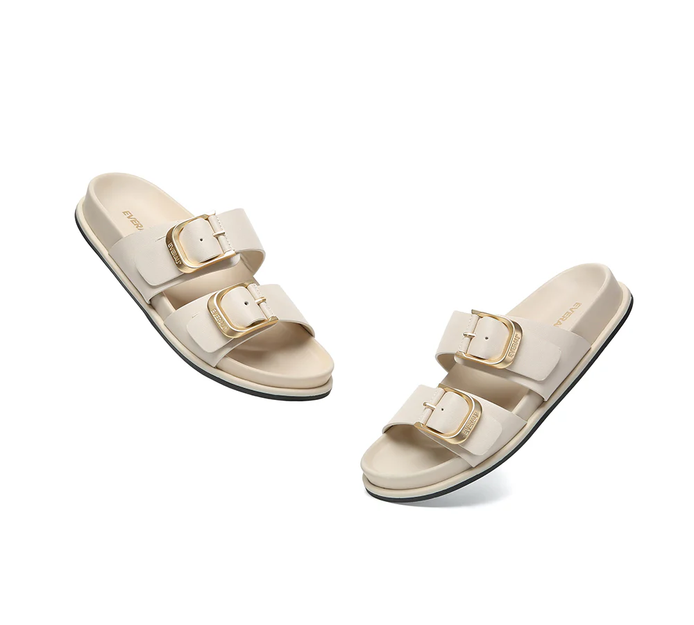 EVERAU? Women Double Adjustable Strap Buckle Flat Sandals Mounish