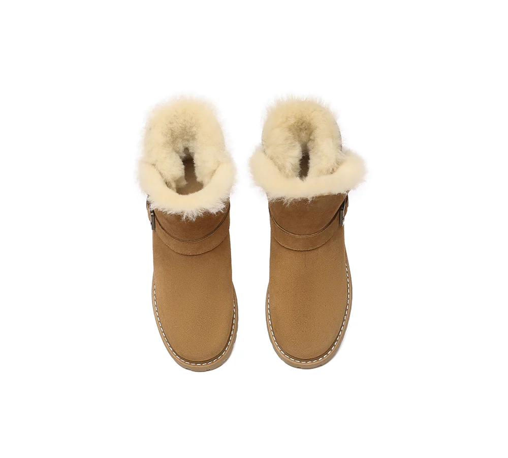 EVERAU? UGG Boots Women Sheepskin Wool Buckle Decor Ankle Polarwalk
