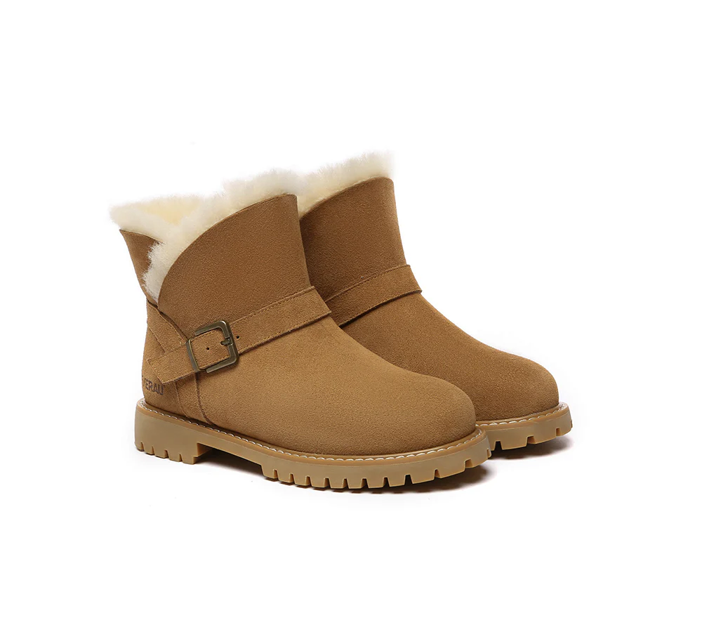 EVERAU? UGG Boots Women Sheepskin Wool Buckle Decor Ankle Polarwalk