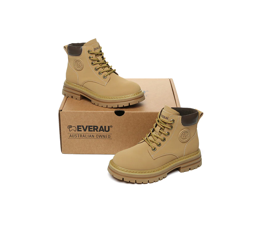 EVERAU? Women Leather Lace Up Chunky Boots Stephanie